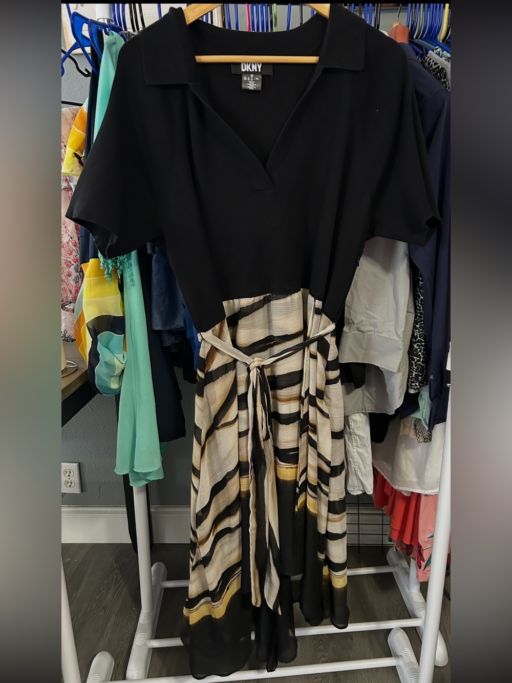 Black Striped Waist-Tie Women’s Dress
